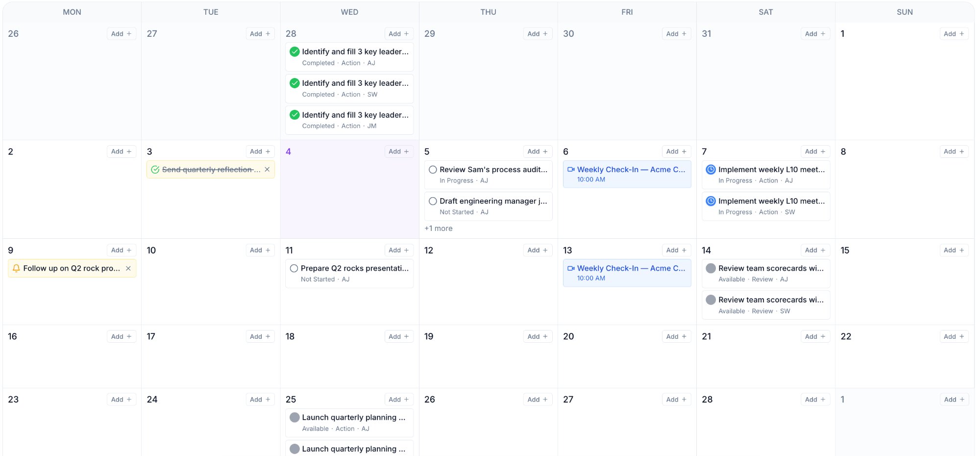 Kadre client calendar with 30-day view showing assignments, meetings, and tasks