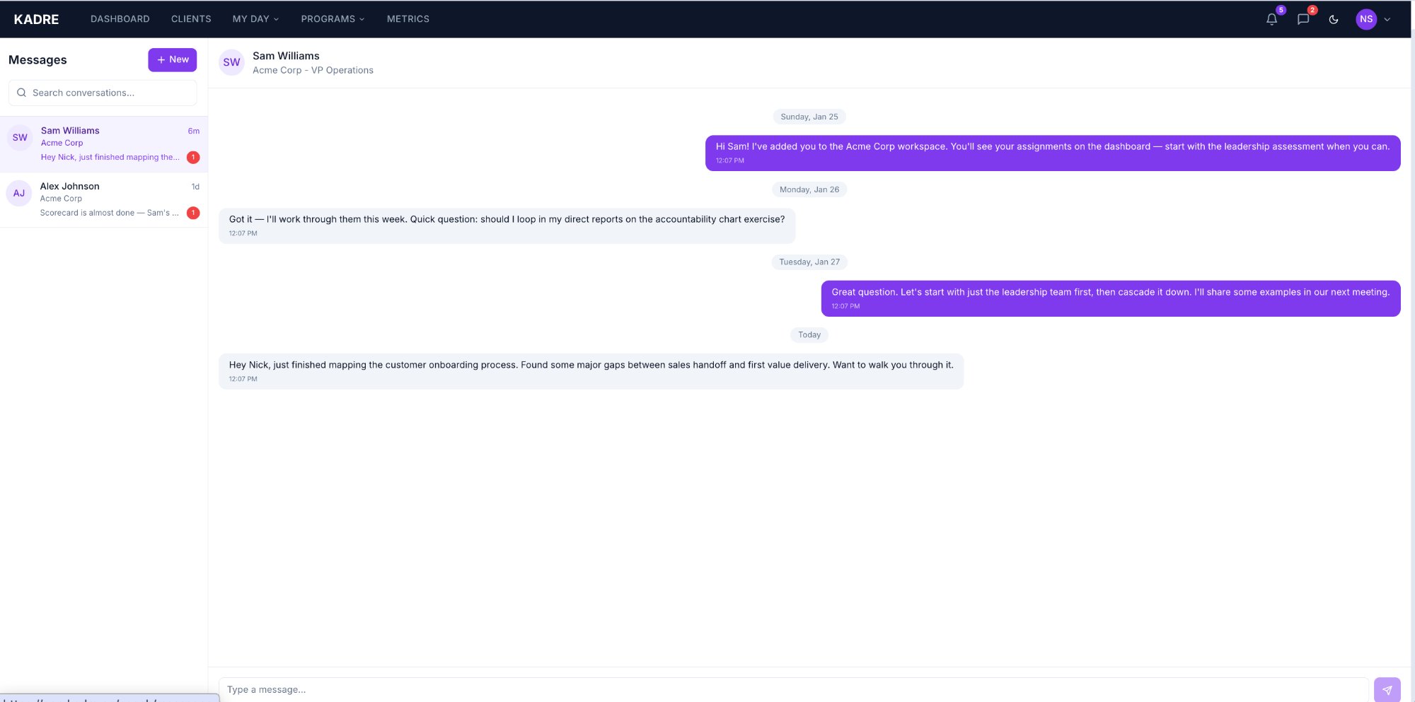 Built-in messaging with conversation threads, organized by client