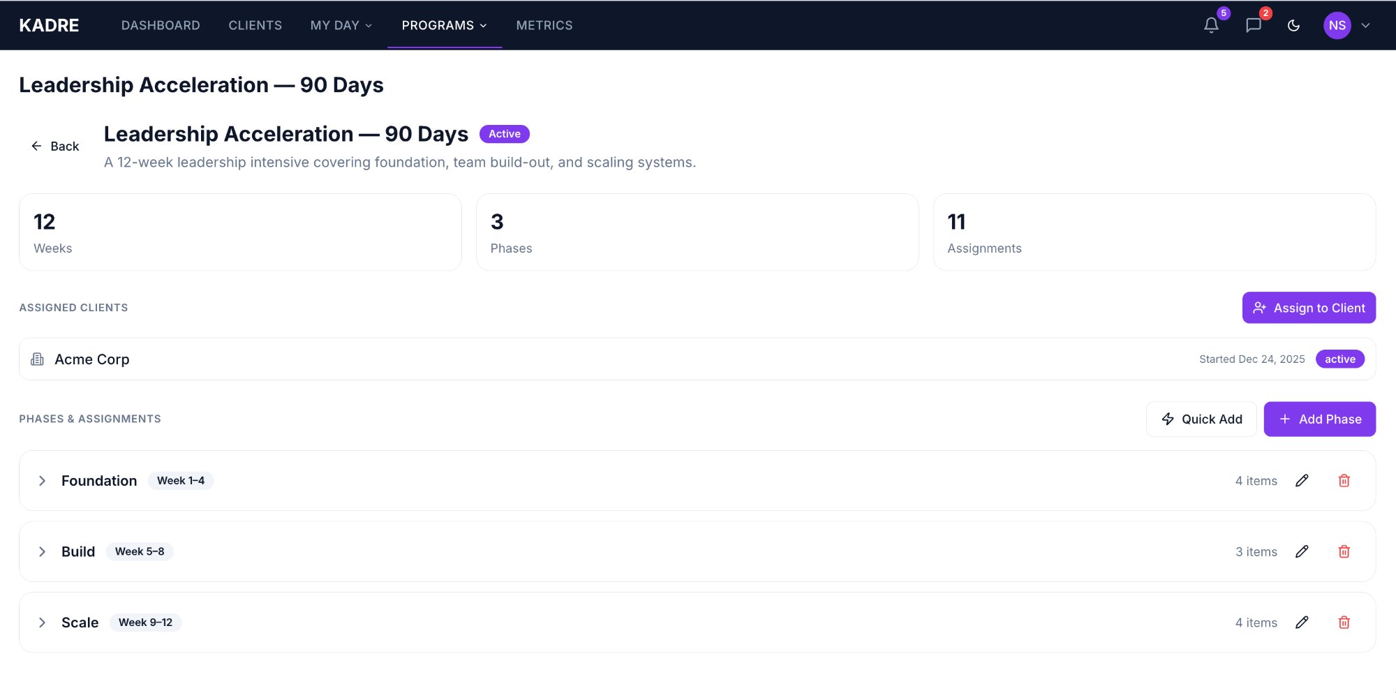 Program builder showing phases, assignments, and client enrollment
