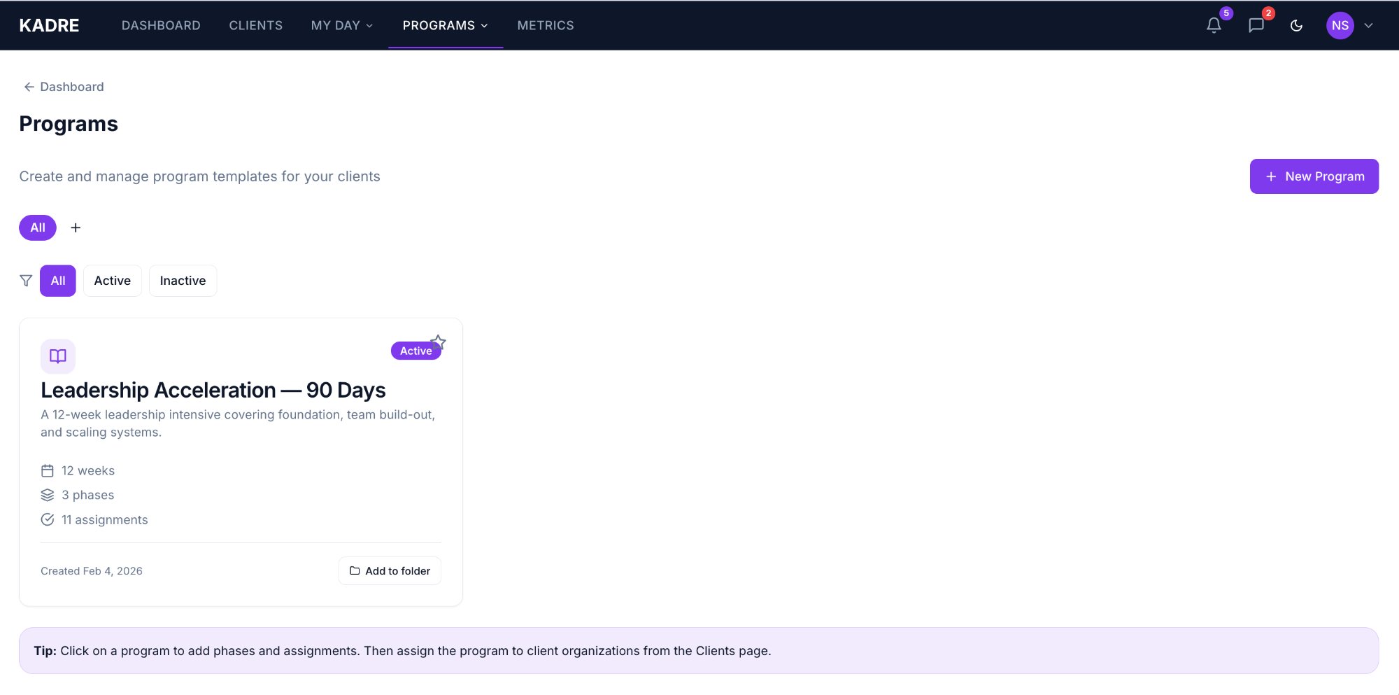 Program builder with phases and assignments